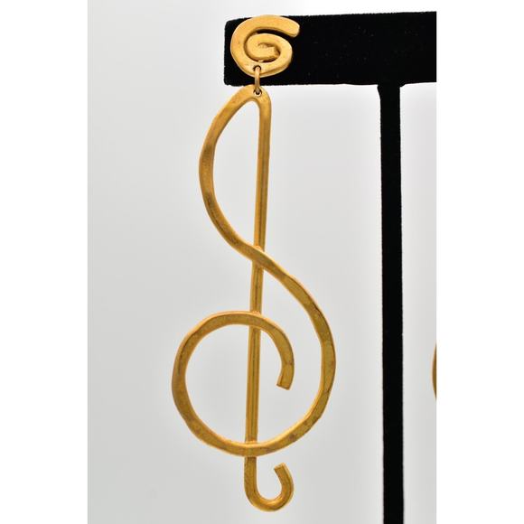Vintage Treble Clef Earrings Dangle Brushed Gold Matte Long Chunky NOS 1980s A23 - Picture 6 of 12